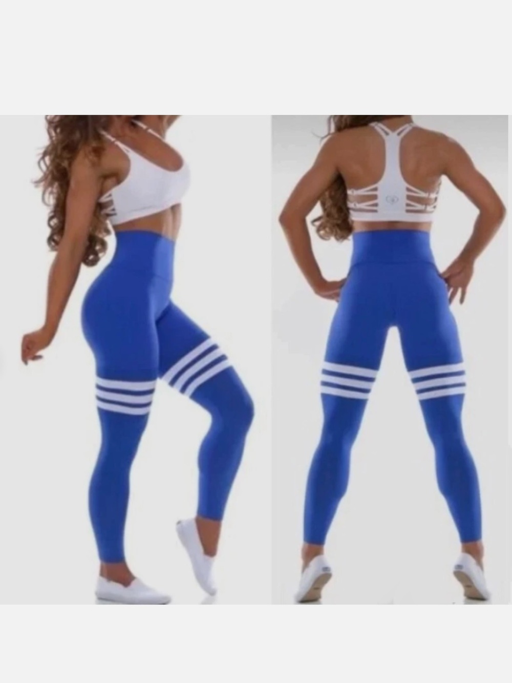Bombshell sportswear High-Waist Blue Athletic Leggings with White Stripes